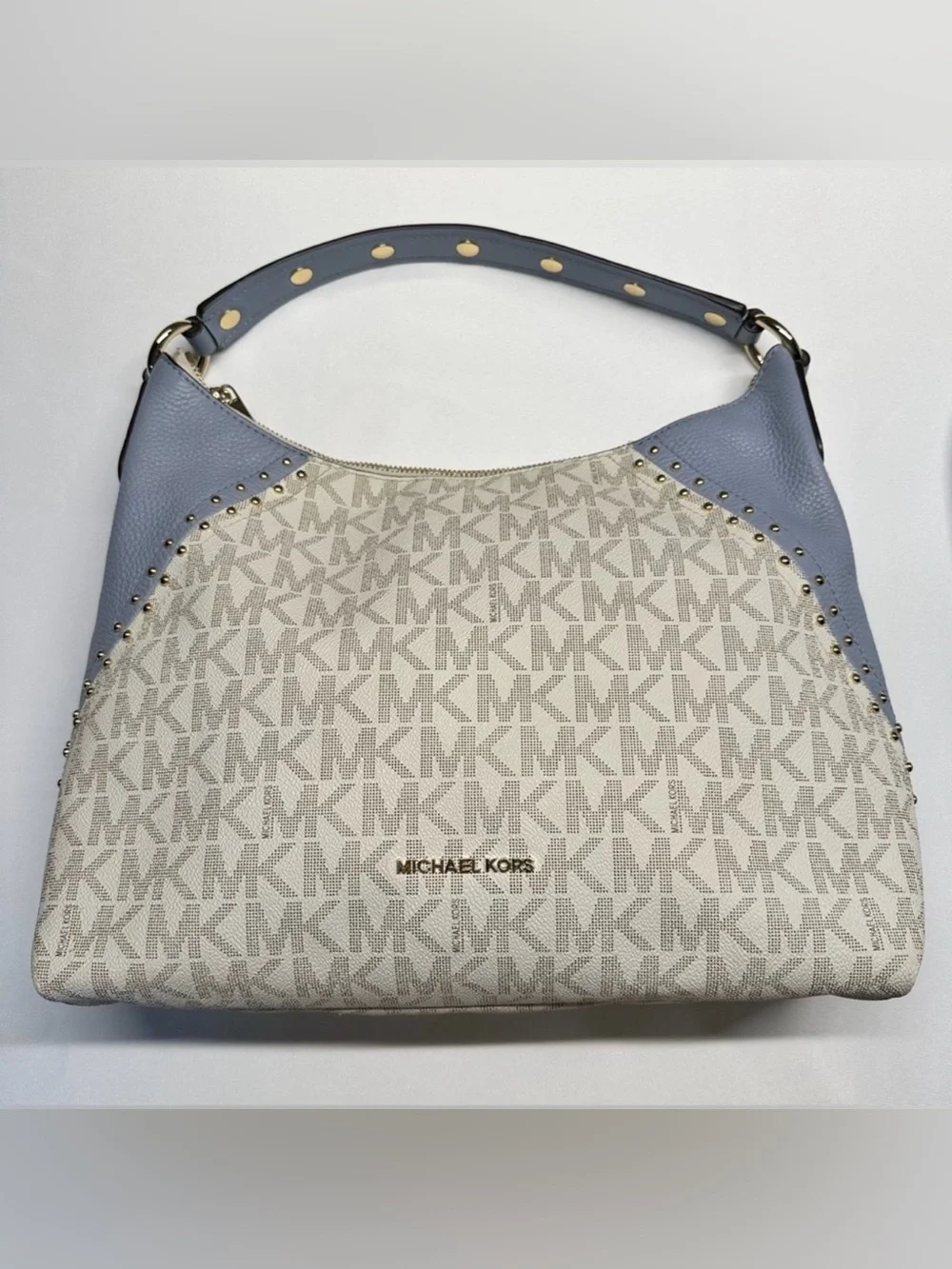 Michael Kors Signature MK Powder Blue Studded Hobo Shoulder Crossbody Bag Purse